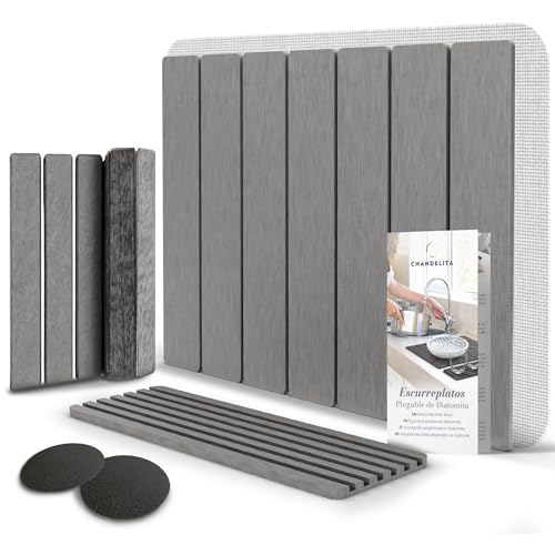 Chandelita Alfombrilla Escurreplatos Diatomita Plegable – Set de Secado de Piedra Diatomita Cocina 40×30 cm + 30×10 cm con Lijas de Mantenimiento – Secado Rápido, Antibacteriana y Antideslizante