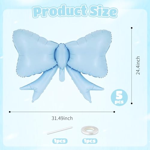 Image of 5pcs Blue Bow Balloon, Large Retro Blue Bows Balloons, Boho Giant Bow Foil Balloon For Birthday Baby Shower Girls Women Party Wedding Bridal Shower Bachelorette Engagement Graduation Decorations