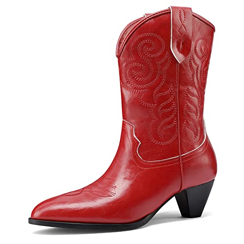Image of Womens Embroidered Cowgirl Boots Pull On Cowboy Boots for Women Floral Low Chunky Heel Western Boots