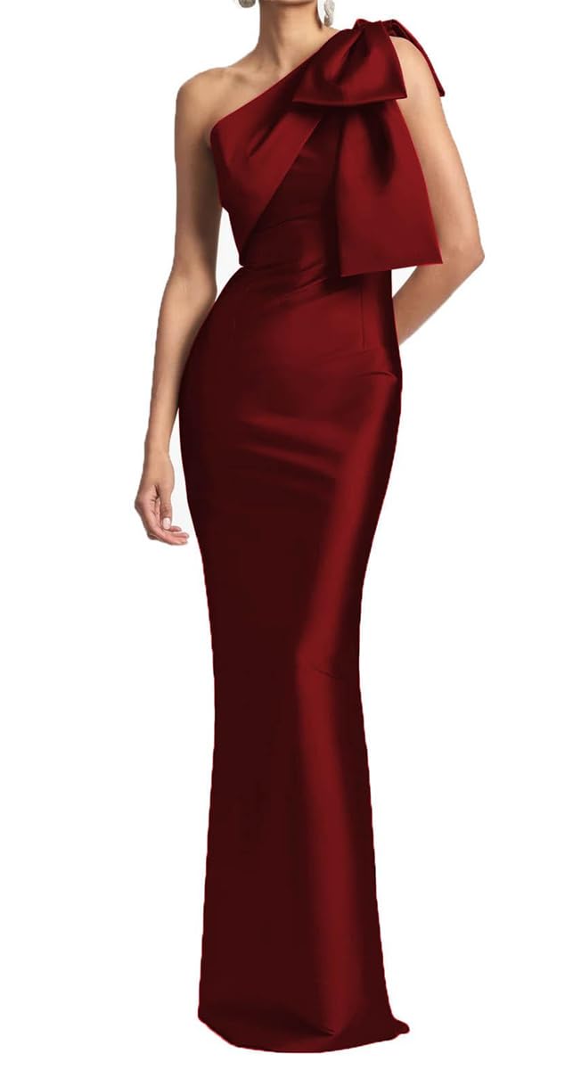 KURFACE Burgundy Mother of the Bride Dresses One Shoulder Satin Bridesmaid Dress for Women Long Formal Gown UK10