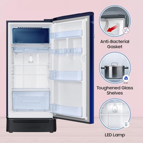 Image of Samsung 189 L, 5 Star, Digi-Touch Cool Digital Inverter, with Display Direct-Cool Single Door Refrigerator (RR21C2F25NK /HL,Orange Blossom Blue, Base Stand Drawer)