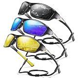 Foliful Occhiali da sole sportivi polarizzati da uomo, protezione UV400, per ciclismo, pesca, guida, confezione da 3, B03-grigio/blu scuro/giallo, 3 pack