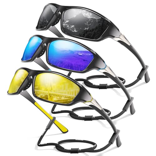 3 Pack Polarized Sports Sunglasses for Men, Mens Sunglasses Wrap Around UV Protection for Cycling Fishing Driving B03-grey/Dark Blue/Yellow