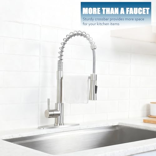 Image of KINGO HOME Kitchen Sink Faucet with Pull Down Sprayer, Brushed Nickel Stainless Steel Bar Faucet Single Handle, Commercial Pull Out Faucets for Kitchen Sink, Laundry Bar RV Camper Outdoor