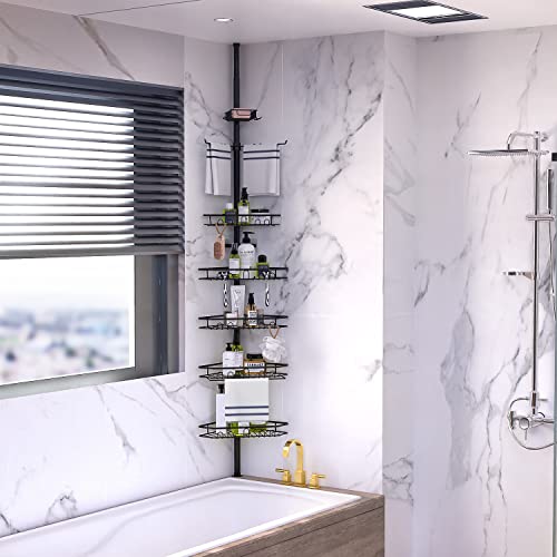 Dicasser 5 Tier Adjustable Corner Shower Caddy Organizer With Soap And Towel Rack, Bathtub Storage Organizer For Shampoo Accessories, Available For 56 To 114 Inch Height, Black #TOP1