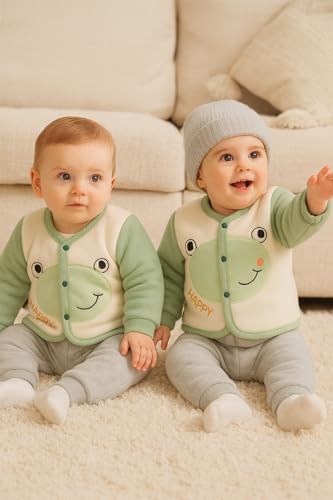 Image of Bold N Elegant Cotton Baby Winter Fleece Full Sleeve Front Button Colorful Cartoon Printed Sweatshirt and Pajama Lower Clothing Set for Newborn Infant Toddler Baby Boy Girl