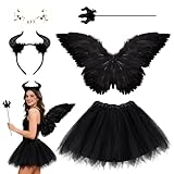 JJKOL 5 Stück Schwarzer Teufel Engel Kostüm Damen, Schwarzer Engel Teufel Kostüm Damen für Karneval Cosplay Fasching, Engelsflügel Set mit Haarreif Zauberstab Tüllrock und Gesichtsaufkleber