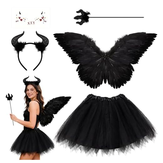 JJKOL 5 Stück Schwarzer Teufel Engel Kostüm Damen, Schwarzer Engel Teufel Kostüm Damen für Karneval Cosplay Fasching, Engelsflügel Set mit Haarreif Zauberstab Tüllrock und Gesichtsaufkleber