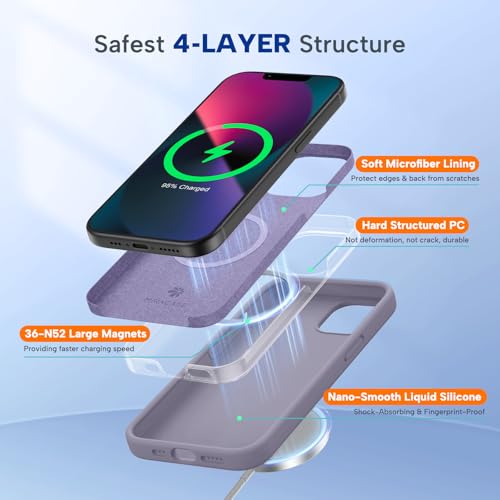 Image of Miracase Magnetic for iPhone 13 Case, [Soft Anti-Scratch Microfiber Lining], Compatible with MagSafe, Liquid Silicone Case Shockproof Drop Protection Phone Case for 13, Lavender Gray