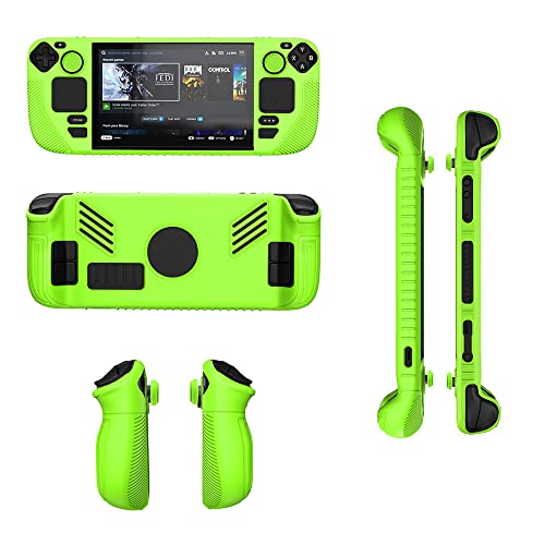 Housse de protection pour Steam Deck Console de jeu portable + cache anti-poussière à 4 boutons, manchon en silicone antidérapant, accessoires de jeu (vert)