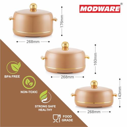 Image of Modware Atlantis Casserole Set of 3-1500ml /2000ml /2500ml Elegant Design Premium Hot Pot, Retains Temperature for Hours, Insulated Inner Steel Casserole for Roti Hot Box for Home Chapati Box (Brown)