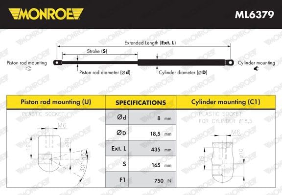 MONROE Ammortizatore pneumatico Cofano bagagli/vano carico ML6379 435 750 165 Compatibilità con RENAULT Clio IV Grandtour KH CLIO IV Furgonato CLIO IV Station Wagon KH