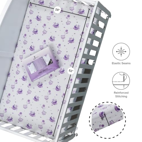 Image of 3 Pack Crib Sheets - Ultra Soft Jersey Cotton Baby Crib Sheets, Breathable Fitted Sheets for Standard Crib Mattress (52 inch x 28 inch), Baby Boy Crib Bedding Set - Purple Owl
