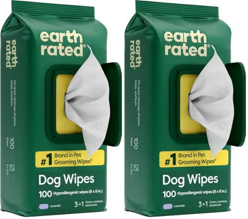 Earth Rated Toallitas hipoalergénicas para Perros, para Limpiar y Eliminar olores de Patas, Cuerpo y Trasero, Cachorros y Perros Adultos, Aroma a Lavanda, 100 Unidades (Paquete de 2)