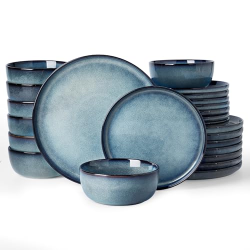 Image of Famiware Milkyway Stoneware Dinnerware Set, 24-Piece, Double Reactive Glaze, Plates and Bowls, Service for 8, Microwave and Dishwasher Safe, Scratch-Resistant, Dusty Blue