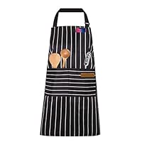 OWill Kochschürze Damen & Herren, Verstellbare Latzschürze mit Taschen, Baumwolle Leinen Optik Küchenschürze Schwarz Weiß Gestreift, Profi Schürze für Kochen Backen Grillen & Garten
