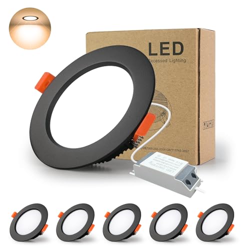 BAGZY Spot Led Encastrable Noir Extra Plat, 5 Pack 7W 700LM = 70W incandescence, IP44, 3000K Blanc Chaud, AC 220-240V,Découpe 80-90mm,Rond ultraslim plafond...