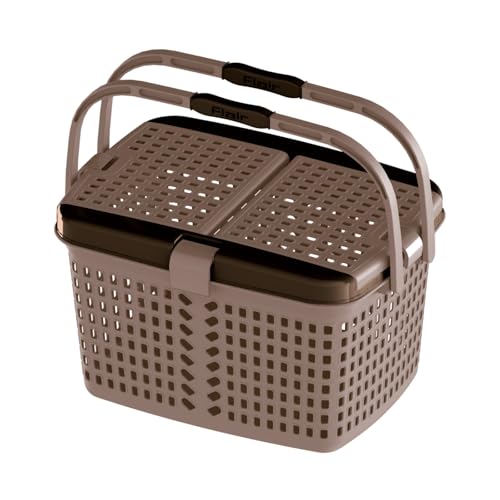 Image of FLAIR Dual Compartment Storage Basket - Sturdy Plastic Organizer with Handles & Lid | Plastic Multipurpose Trendy Shopping Big Basket | Ideal for Kitchen, Bathroom (Beige, 1 Pc)