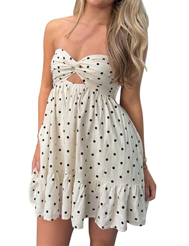 Image of HOCANDY Womens Strapless Mini Dress Twist Knot Front Cut Out Babydoll Dress Smocked Backless Ruffle Hem Tube Dresses