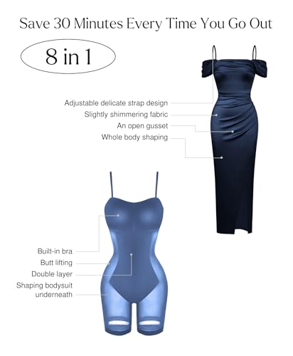 Image of Popilush Wedding Guest Dresses for Women Off Shoulder Shapewear Maxi | Multi-Way Wear, Built in Bra, Light Tummy Control, Ruched Satin Formal Cocktail Evening Bridesmaid Dress