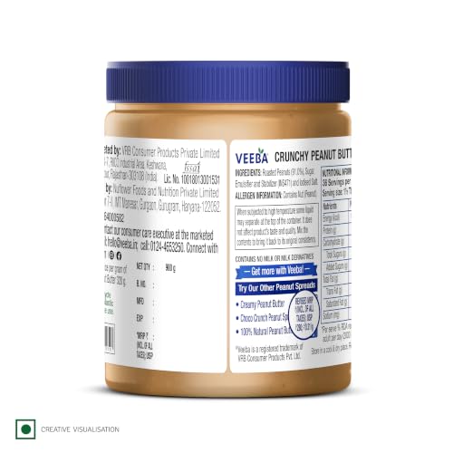 Image of VEEBA Crunchy Peanut Butter| High Protein|Naturally Gluten Free|Vegan|Trans Fat Free|No Added Preservatives|No Added Colour&Flavour|Non Gmo|900G