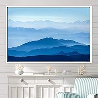 Framed Canvas Wall Art Blue Sunset Abstract Aerial Colorful Digital Art Landscape Minimalist Mountain Top Multicolor - 16x24 inches
