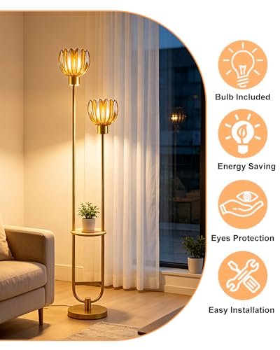 Image of Lightdot Glass Floor Lamp with Table 2-Lights Modern Gold Standing Tall Lamps with Amber Lotus Glass Shade,LED Floor Lamp with Foot Switch for Living Room Bedroom Home Office (Bulbs Included)