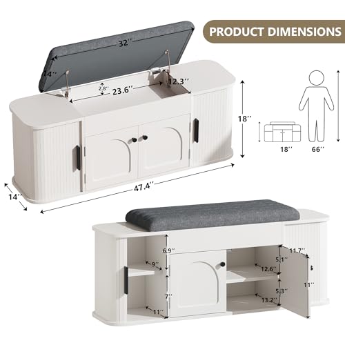 Image of Einhomn 47.2'' Sliding Door Entryway Shoe Storage Bench with Seat Cushion, Shoe Rack with Lift-Top Hidden Storage & Adjustable Shelf, Bench for Bedroom End of Bed, White