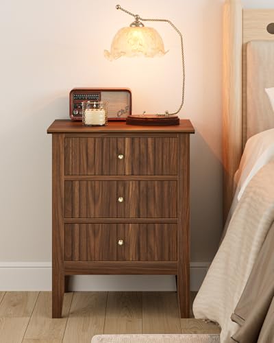 Image of Night Stand, Fluted Nightstand Bedside Tall Farmhouse Nightstand with 3 Drawers, Mid Century Modern Side Accent Table,Bedside End Table for Bedroom, Living Room, Walnut