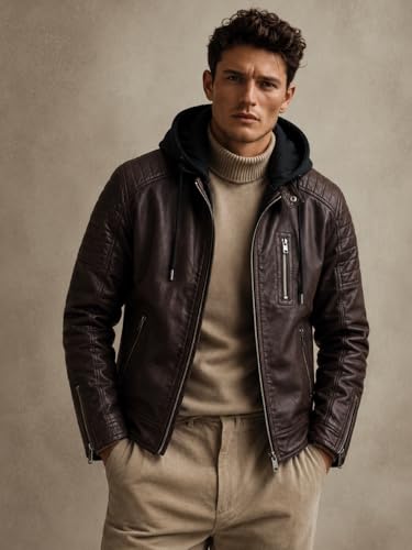 Image of Blaq Ash Men's Faux Leather Biker Jacket with Removable Hood, Quilted Shoulder, Dark Brown