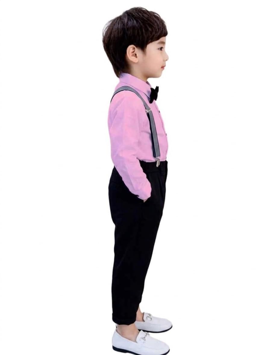 ROYALICA Kinderbekleidung für Kinder, Baumwollmischung, Set aus Hemd und Hose, langärmelig, mit Trägern und Fliege, für Kinder, Rosa, 4 Jahre