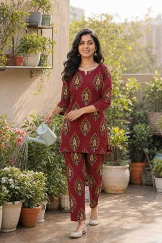 Image of Women's Cotton Night Suit Set, Printed Top and Pyjama, Casual Loungewear Sleepwear for Womens Girls