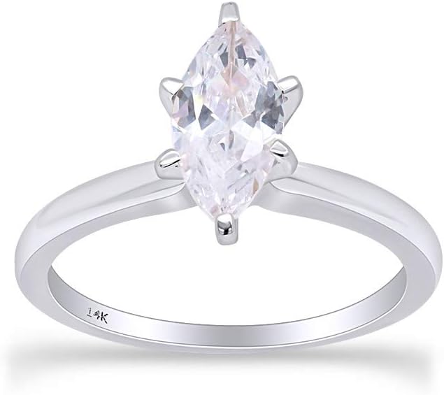 AFFY Marquise Shape White Cubic Zirconia Soitaire Engagement Ring in 14k Solid Gold