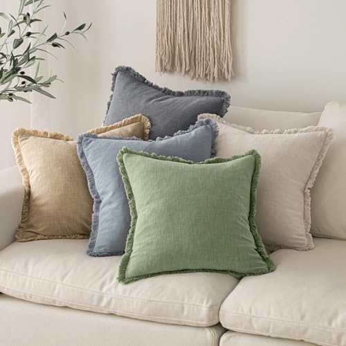 Image of MIULEE Decorative Throw Pillow Covers Neutral Linen Fringe Throw Pillows Euro Shams Set of 2 Sage Green Boho Farmhouse Cushion Covers for Couch Sofa Bed Living Room Spring Home Decor 24x24 Inch