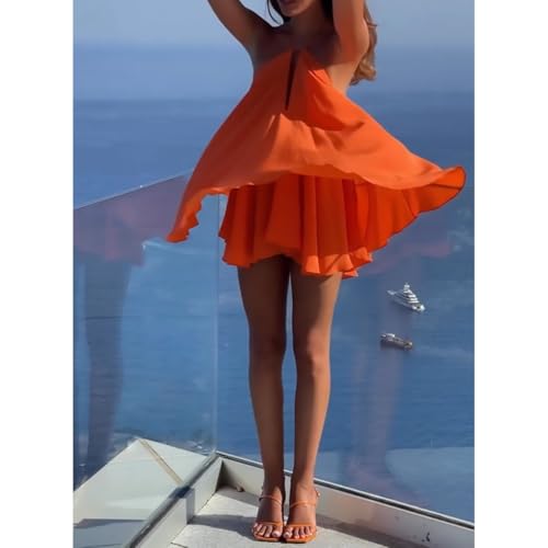 Women's Summer New Sexy Deep V-Neck Backless Loose A-line Cross-Back Bow Tie Belted Dress Solid Color Backless Mini Dress4