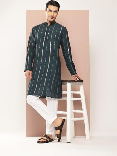 Image of See Designs Men's Long Sleeve Side Slit Chanderi Silk Sequins Mandarin Collar Kurta