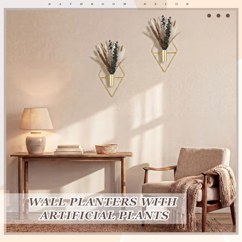 Image of Jexine 4 Pcs Hanging Planters with Artificial Pampas Grass Metal Hanging Vase Indoor Plants Holder Modern Geometric Boho Bathroom Wall Decor for Living Room Home Office (Gloden)
