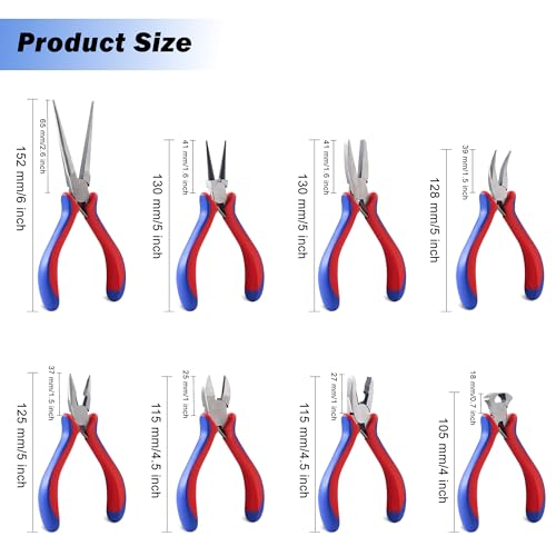 Needle Nose Pliers Set - 8 Pcs High Hardness Carbon Steel Mini Pliers with Ergonomic Handle, Automatic Shrapnel Design, and Multiple Types of Jaws for Repairing Electronics and Cutting Wires