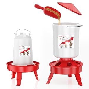 Chick Feeder and Waterer Set, Top Fill 6.6 LBS Feeder and 0.4 GAL Waterer with Scoop and 3 Adjustable Heights Legs