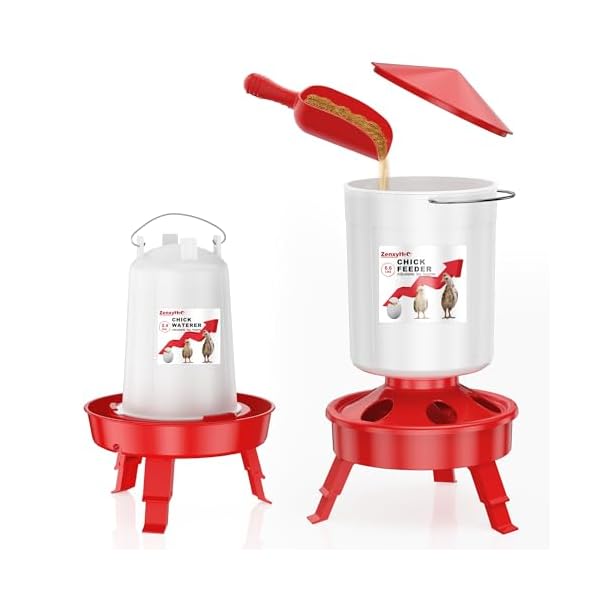 Chick Feeder and Waterer Set, Top Fill 6.6 LBS Feeder and 0.4 GAL Waterer with Scoop and 3 Adjustable Heights Legs