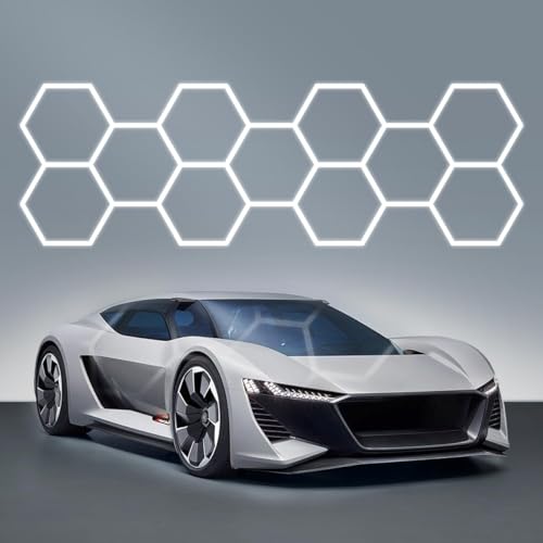 cezelux Hexagon LED Lights Garage Light,11 Honeycomb 50packs Tubes 6500K 400W 5.2X1.65m, Garage Hex Ceiling LED Wall Light for Gym Basement Warehouse Auto Beauty Shop Car Detailing Salon