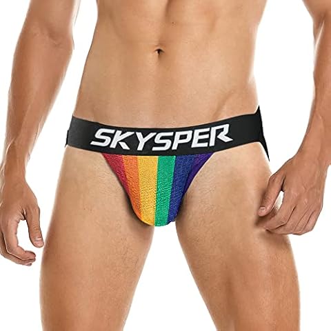 SKYSPER Men's Jock Strap Athletic Supporter Sports Jockstraps Underwear with Leg Strap, Jd01/Rainbow, S Cover
