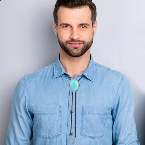 Image of HUABOLA CALYN Bolo Tie for Men Women, Native American Rodeo Cowboy Turquoise /Scorpion /Tiger Eye /Black Agate Leather Necktie