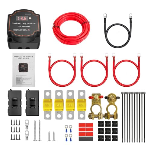 NEWFUN coupleur separateur batterie 12v, 3m Kit de Relais de Charge Divisé,12V 140 Amp Kit Isolateur Intelligent à Double Batterie pour camping-car, fourgon,...