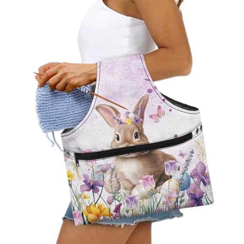 Image of KUIFORTI Cute Bunny Yarn Bag Easter Crochet Tote Bag Floral Yarn Storage Bag Organizer Travel Wrist Bag Lightweight Yarn Tote Bags for Crocheting on The Go Gifts for Mom Outdoors