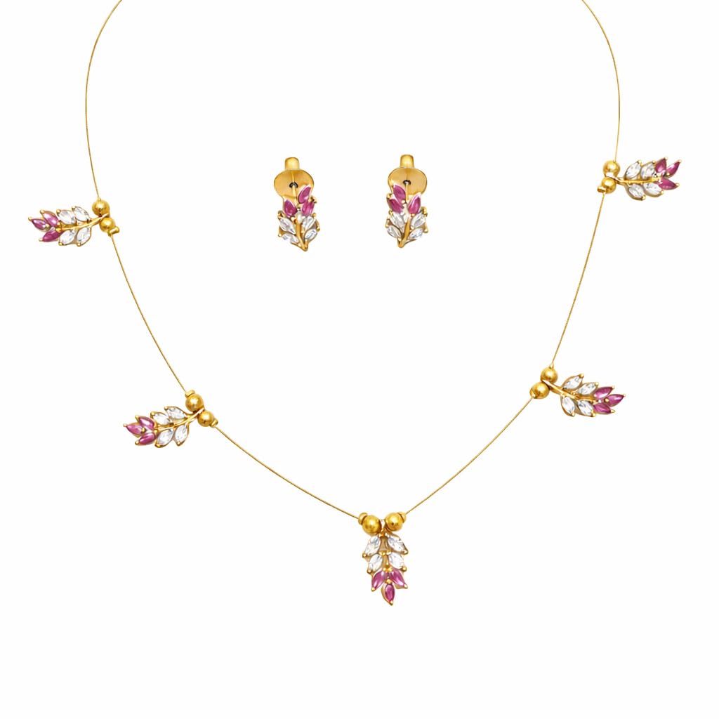 Invisible Chain Necklace Set for Women & Girls | Lightweight Gold Plated Micro Necklace with Ruby & White Stone Leaf Pendant & Earrings | Stylish Jewellery Set-image-2