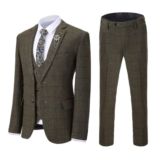 Premium Mens Irish Tweed Slim Fit Suit Set Groom 3 PCS Plaid Tuxedo Jacket Blazer Vest Pants