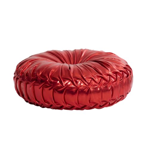 Image of HIG Set of 2 Red Metallic Leather Decorative Round Pleated Throw Pillows | Vintage Floor Pillows, Classy Accent Pumpkin with Center Button, for Sofa Couch Vanity Chair Bed, 14.5 inch Diameter