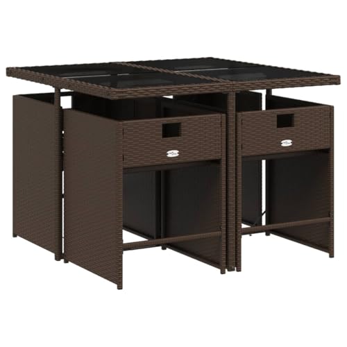Image of 5-Piece Brown and Cream Patio Dining Set with Foldable Design, Weather-Resistant PE Rattan and Steel Frame, Plush Cushions for Outdoor Relaxation, Rectangular Table