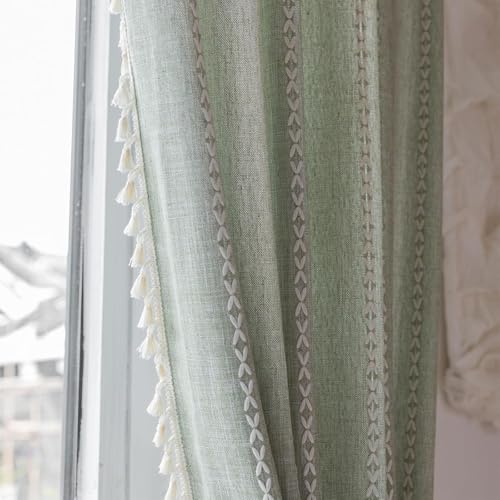 Green Boho Curtains with Tassel Farmhouse Decor,52" W x 96" L 1 Panels by Seasonwood - Used condition - CA$33.10